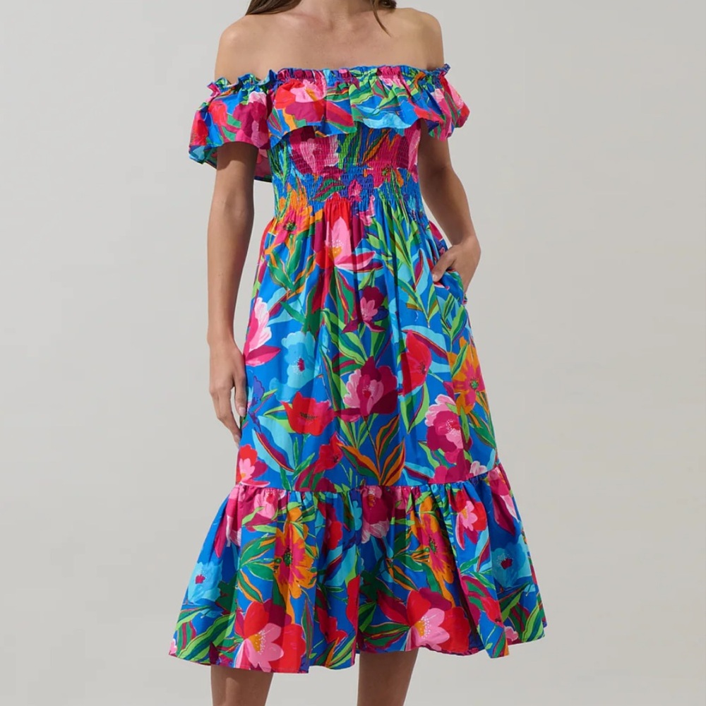 Sugarlips Off-Shoulder Floral Midi Dress in Bright Blue Multi